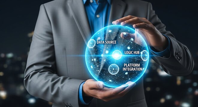 Man in suit holding glowing digital sphere with data integration concepts