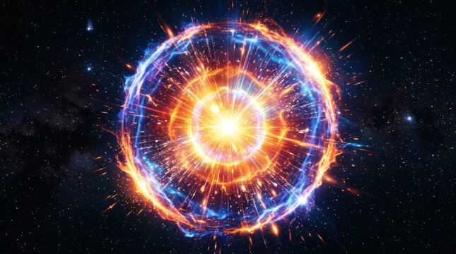 A vibrant CGI image of a cosmic explosion with bright blue and orange rings radiating outward against a dark, star-speckled background. The image captures intense energy and movement, evoking a sense 