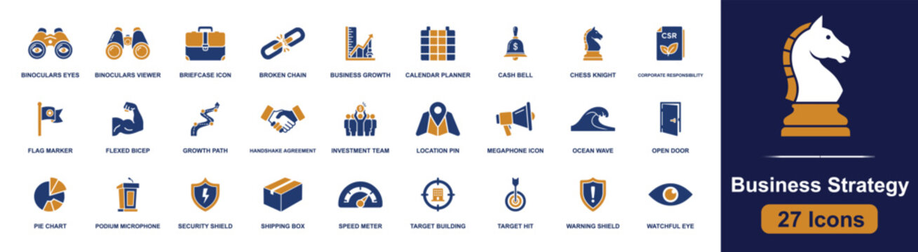 Business strategy icon set. Containing binoculars, briefcase, chess knight, handshake, pie chart, target hit, watchful eye, growth path, shipping box and more. Solid fill vector icons.