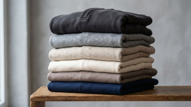 A neatly stacked pile of five folded shirts in various colors (dark gray, beige, light gray, white, navy blue) on a wooden table against a plain, light gray wall.