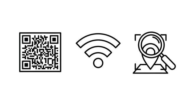 Three technology icons qr code wifi and location finding silhouette