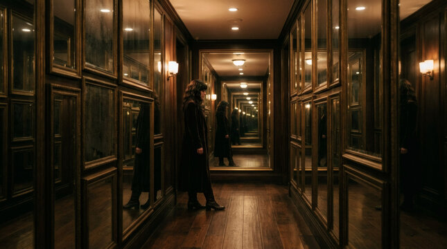 A dimly lit, narrow hallway with mirrored walls, featuring a person in a dark coat walking towards the end. Warm, ambient lighting enhances the reflective surfaces, creating a mysterious, almost eerie