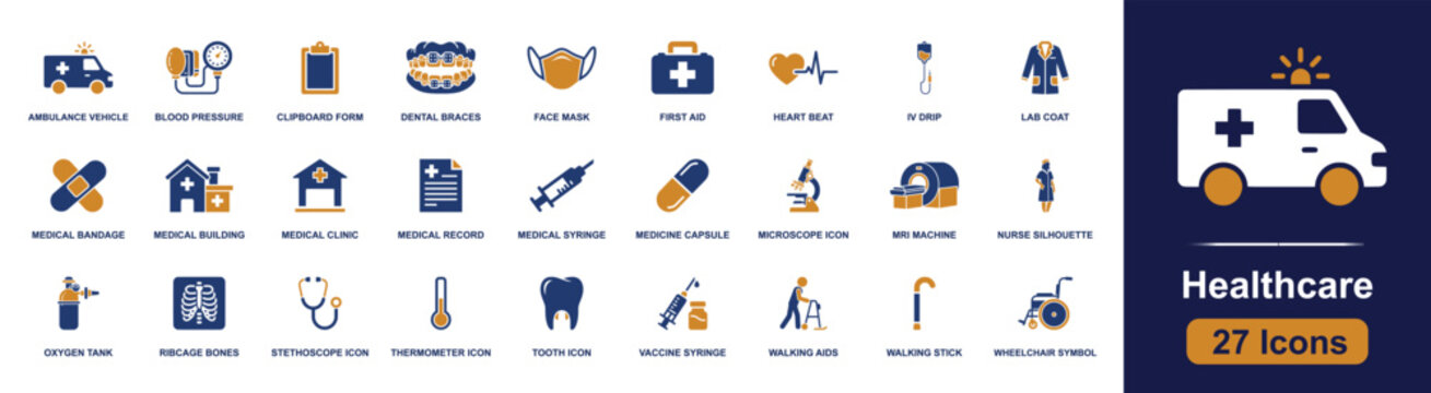 Healthcare and medical icon set. Containing ambulance, blood pressure, face mask, first aid, heartbeat, syringe, microscope, stethoscope, wheelchair and more. Solid fill vector icons.