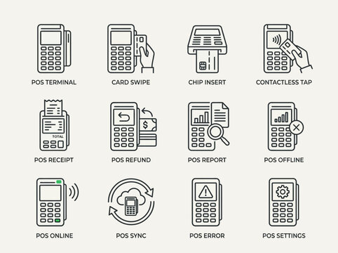 Diverse lineup of thin line icon graphics depicting various Point of Sale payment and transaction processes, including receipt, refund, and contactless options.