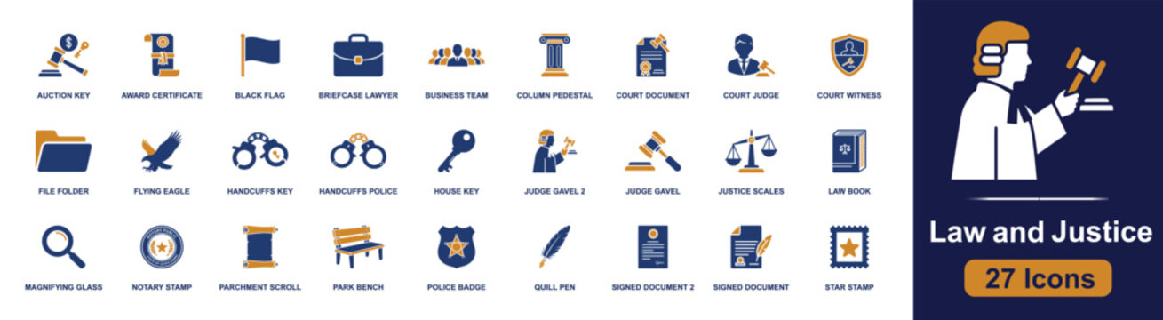 Law and justice icon set. Containing gavel, scales, law book, handcuffs, police badge, court judge, witness shield, notarized document, quill pen and more. Solid fill vector icons.
