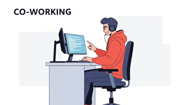 Co-working space: man in headphones working on computer, coding, modern office