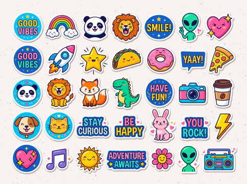 Colorful stickers with motivational phrases and cute cartoon characters in a playful, modern, digital art style for kids or teens, expressing positivity and fun in a whimsical, youthful cont