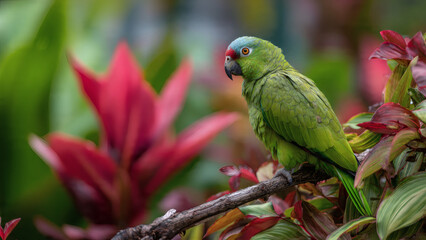Obraz premium A vibrant green parrot with a blue head and red beak sits on a branch amidst lush, colorful foliage in a tropical garden.