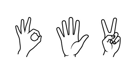 Obraz premium Three hands displaying different gestures in a black outline silhouette