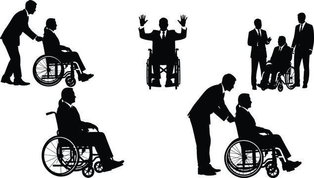 Business people assisting wheelchair users silhouettes, disability support, inclusive workplace concept, caregiving, accessibility, teamwork, corporate social responsibility illustration