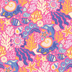 Obraz premium Ocean Rhythm Garden in orange, pink and purple palette, seamless pattern