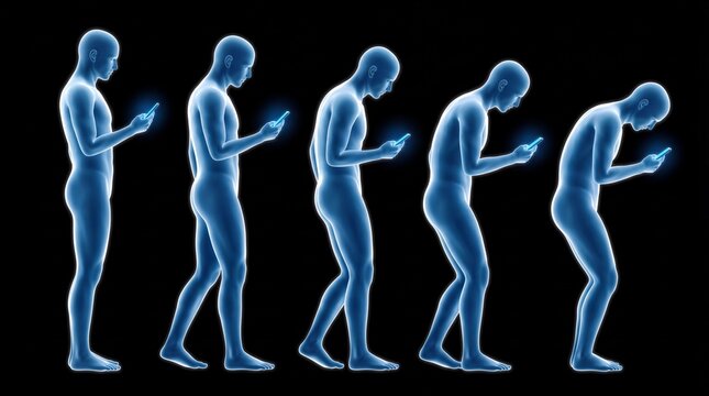 Blue human figures walking while using smartphones on black background showing progression of poor posture and slouching