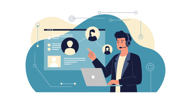 Customer Service Agent with Laptop and Headset Connecting with People Online