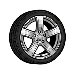 Obraz premium Sleek silver car wheel with black tire on white background