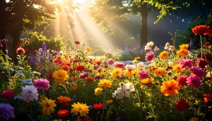 Obraz premium Field of colorful flowers bathed in warm sunlight with trees in the background