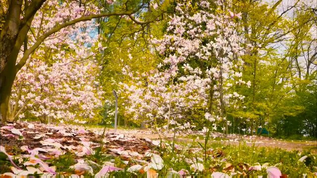 A vibrant spring scene unfolds with blossoming trees, their delicate pink and white flowers carpeting the ground amidst lush green foliage and soft sunlight.