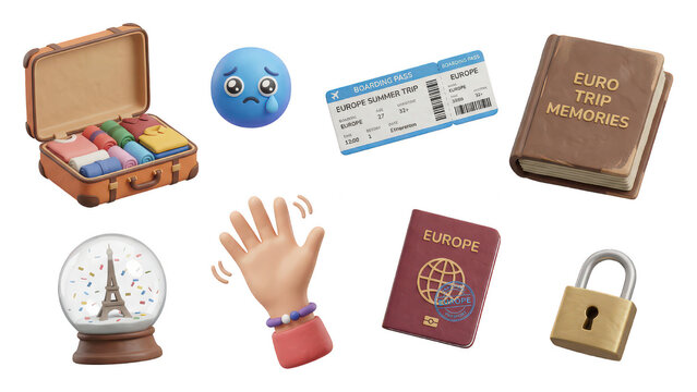 3D Travel Icons: Suitcase, Passport, Eiffel Tower, and Boarding Pass