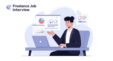 Fototapeta premium Freelance Job Interview: Man Discussing Business Analytics with Charts and Laptop