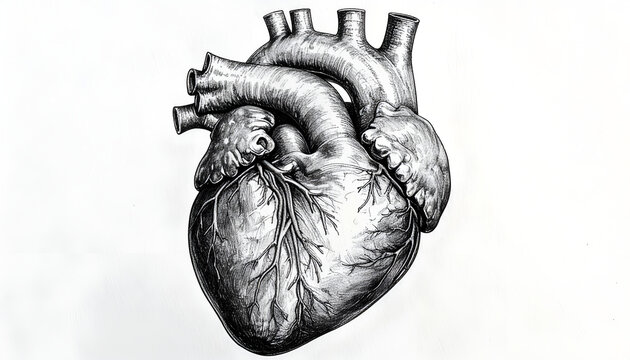 A detailed black and white anatomical illustration of a human heart.