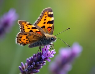 Naklejka premium Small Tortoiseshell butterfly rests on purple lavender flower. Insect has orange wings with black spots. Soft green background suggests summer garden. Macro shot shows fine detail.