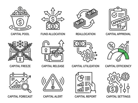 A set of line style icons for business finance concepts including capital pool, fund allocation, reallocation, approval, freeze, release, utilization, efficiency, forecast, alert, report, an