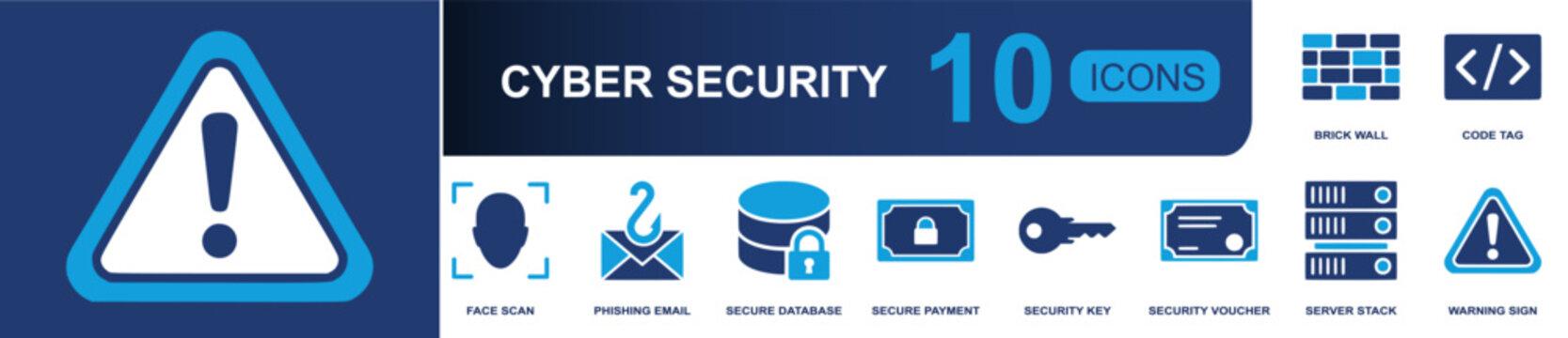 Cyber security icon set. Containing face scan, phishing email, secure database, secure payment, security key, voucher, server, warning sign, brick wall and more. Solid fill vector icons.