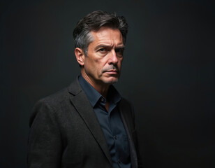 Obraz premium Mature man with short hair and stubble wears textured dark jacket over blue shirt. His serious expression conveys confidence and authority. Studio portrait.