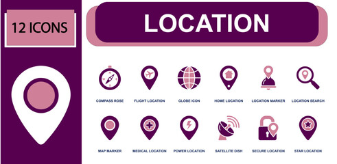 Location and navigation icon set. Containing compass rose, flight pin, globe, home pin, map marker, medical pin, secure pin, satellite dish, star pin and more. Solid fill vector icons. © Mellisa