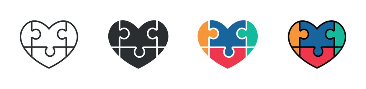 Heart Puzzle Icon Set, Teamwork  Collaboration and Unity Concept, Partnership Connection Icons, Vector Illustration