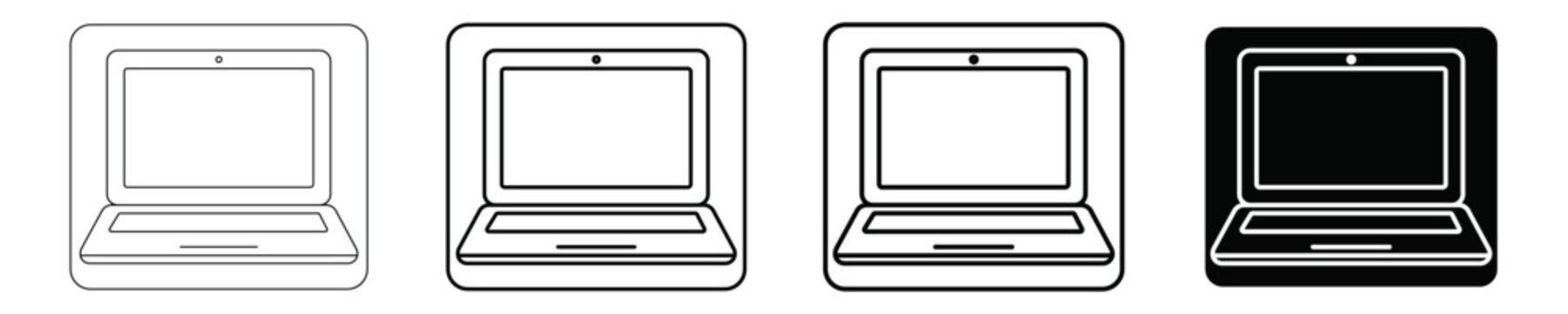Set of laptop computer icons with outline and solid styles, featuring various digital portable devices in a modern minimalist design, perfect for technology and interface applications.