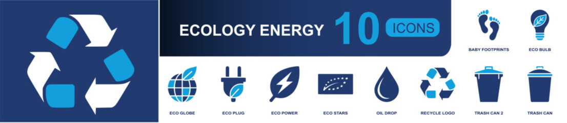 Fototapeta premium Ecology energy icon set. Containing eco globe, eco plug, eco power, recycle symbol, oil drop, eco bulb, trash cans, green badge, baby footprints and more. Solid fill vector icons.