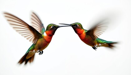 Fototapeta premium Two hummingbirds fly close together. Their fast wings are blurred wings. Tiny birds show bright colors. They look like they might touch beaks. This captures nature and motion.