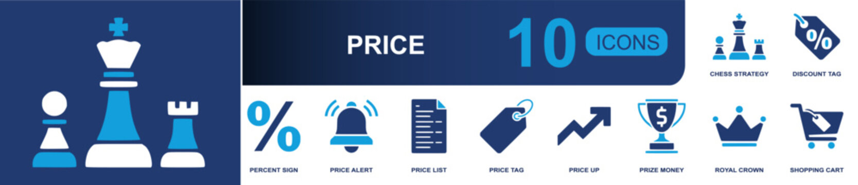 Price and discount icon set. Containing percent sign, alert bell, price list, price tag, growth arrow, prize trophy, royal crown, shopping cart, chess and more. Solid fill vector icons.