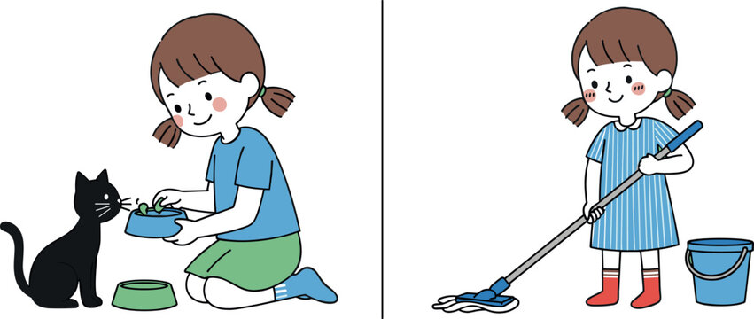 Cute girl doing household chores vector set with feeding cat and mopping floor cartoon illustration