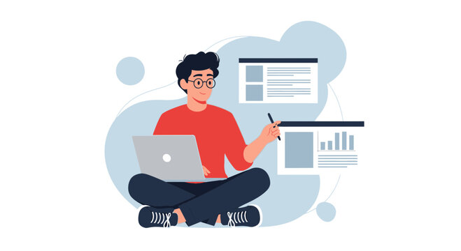 Young man with glasses working on laptop, presenting data and content online