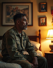 Obraz premium Veteran man in uniform sits on bed in bedroom, looking thoughtful. Walls display framed photos and medals. Soft lamp light creates warm, nostalgic mood for reflection.
