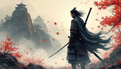 Naklejka premium Japanese samurai warrior stands on rocky mountain path with red maple leaves falling. Ancient castle building on peak shrouded in mist. Warrior wears traditional armor and holds katana sword.