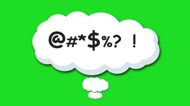 cartoon thought bubble for expletive thoughts to represent profanity or thinking of swear or curse words in a polite fashion via cloud bubbles isolated 4k animation on a chroma key green screen 