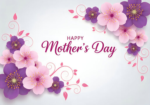 Vibrant Mother's Day celebration graphic featuring delicate pastel pink and purple floral arrangements with elegant swirls on clean white backdrop, perfect for digital greeting cards 