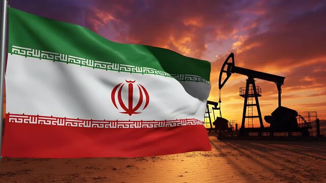 Iranian flag waving in the wind at sunset with oil pump jack silhouette creating a dynamic scene symbolizing energy and national pride in a vibrant landscape