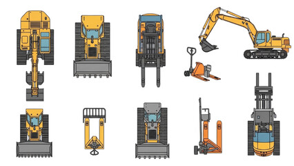 Various heavy machines in a vector 2D CAD industrial setting with equipment © Stock Image Paradise