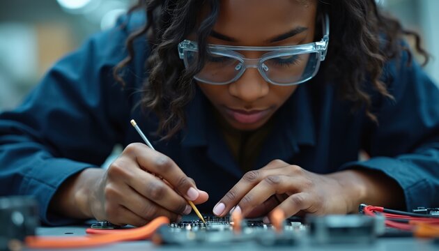 Young African American woman wears safety glasses, carefully solders electronic components on circuit board. Focused expression shows deep concentration on intricate wiring, learning technical skills