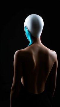 Frau mit wei&szlig;em Helm und t&uuml;rkisfarbenen Elementen von hinten auf neutralem Hintergrund