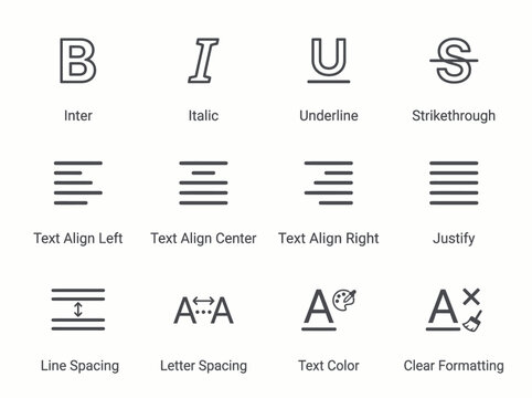Modern minimalist vector icons representing typography formatting tools bold, italic, underline, strikethrough, text alignment, line and letter spacing, color, and clearing formatting for de