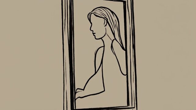 A sketch of a woman in a frame, side profile, minimalist linework style