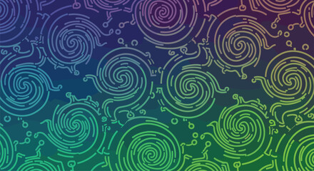 Fototapeta premium Mesmerizing seamless pattern composed of intricate stylized swirling lines, reminiscent of circuit boards or fingerprints, beautifully rendered on a captivating blue-green gradient background.