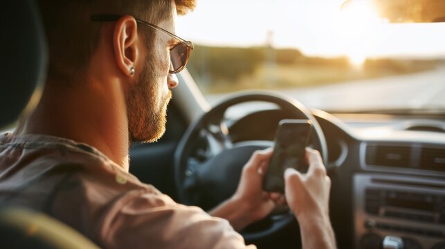 Junger Mann sitzt am Steuer eines Autos und schaut auf sein Smartphone