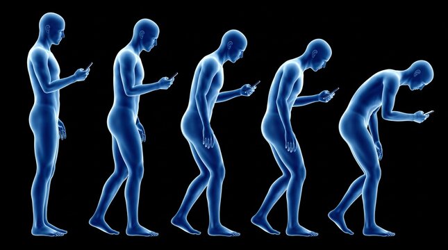 Blue human figures walking while looking at smartphones showing neck strain and poor posture
