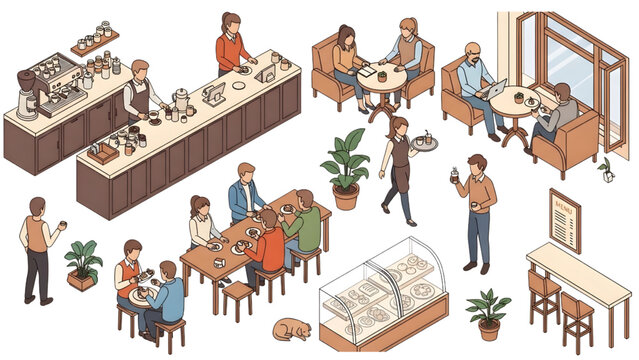 Isometric Cafe Coffee Shop Architectural Blueprint Human Activity Vector Set, Warm Tone Style Illustration, Clean White Background