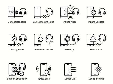 Set of twelve minimalist line art icons depicting mobile device pairing and connection states with headphones, showing connection, disconnection, pairing mode, success, failure, reconnection